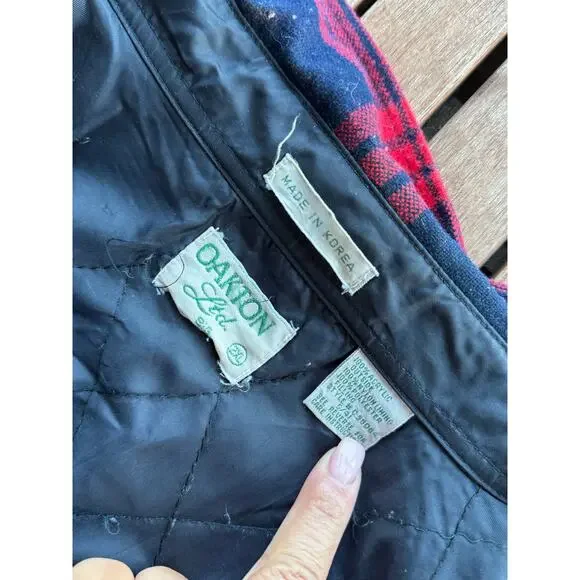 Vintage 90s Oakton 2XL Red Black Flannel Jacket Plaid Fleece Insulated Shacket - Picture 3 of 7